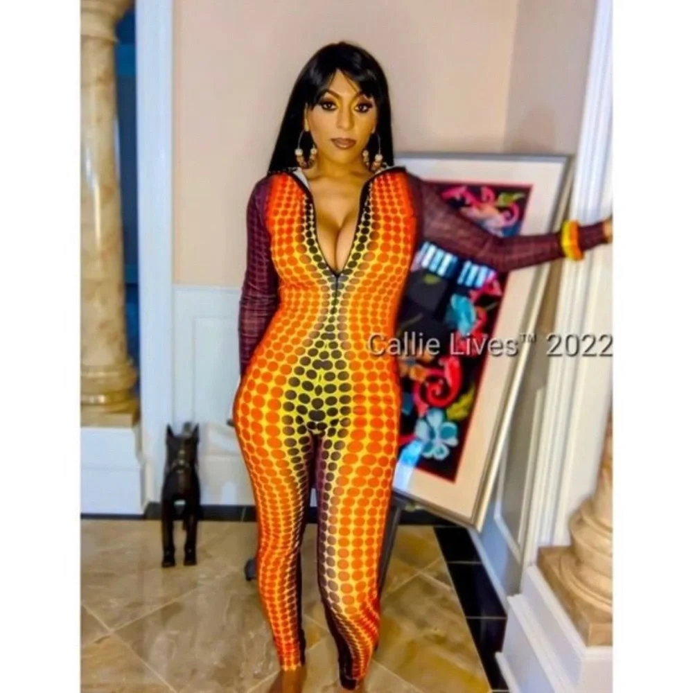Polka-Dot Illusion Bodycon Zip Front Onesie Jumpsuit Catsuit - Picture 5 of 11